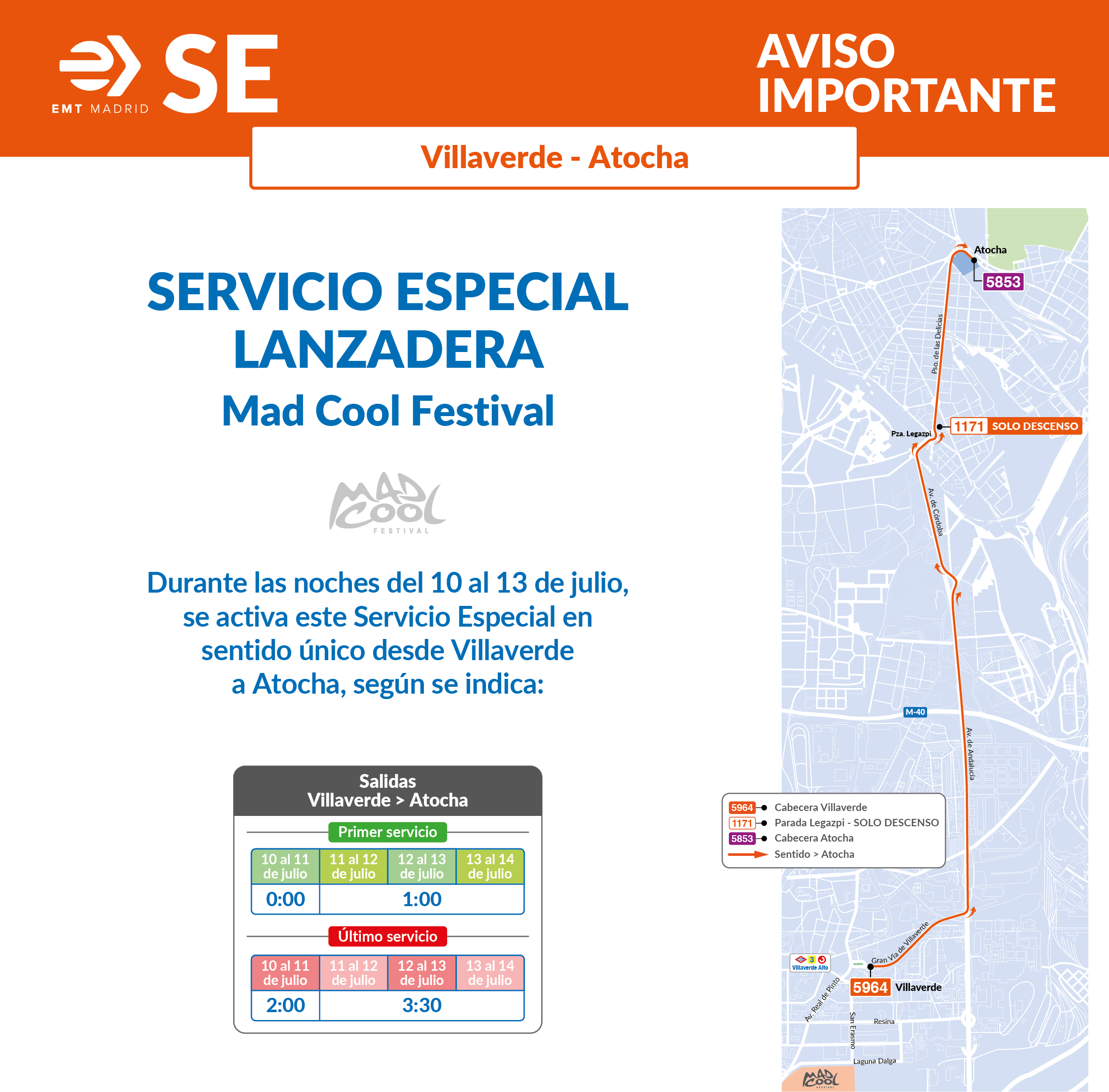EMT conectará la Gran Vía de Villaverde con Atocha durante el Mad Cool 2024